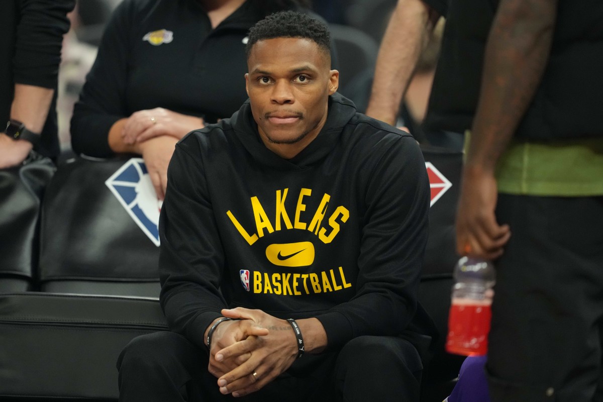 Apr 7, 2022; San Francisco, California, USA; Los Angeles Lakers guard Russell Westbrook (0) sits on the bench before the game against the Golden State Warriors at Chase Center. Mandatory Credit: Darren Yamashita-USA TODAY Sports